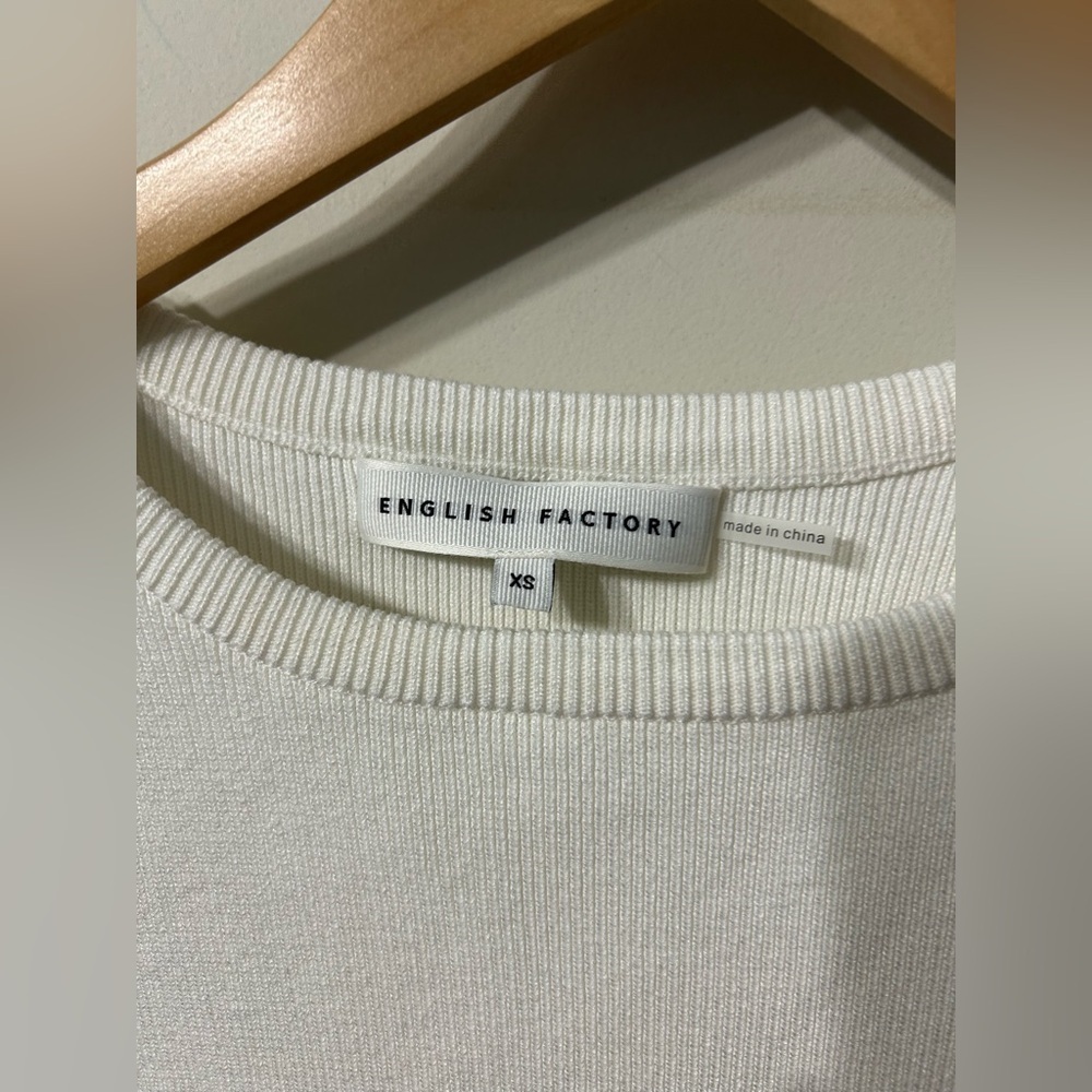 English Factory White Sweater
Shirt with Blue patterned Ruffle Sleeves - Picture 3 of 6